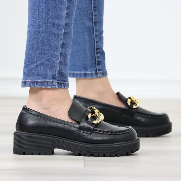 Chunky Lug Sole Slip On Penny Loafers Platform With Gold Chain - Picture 4 of 13